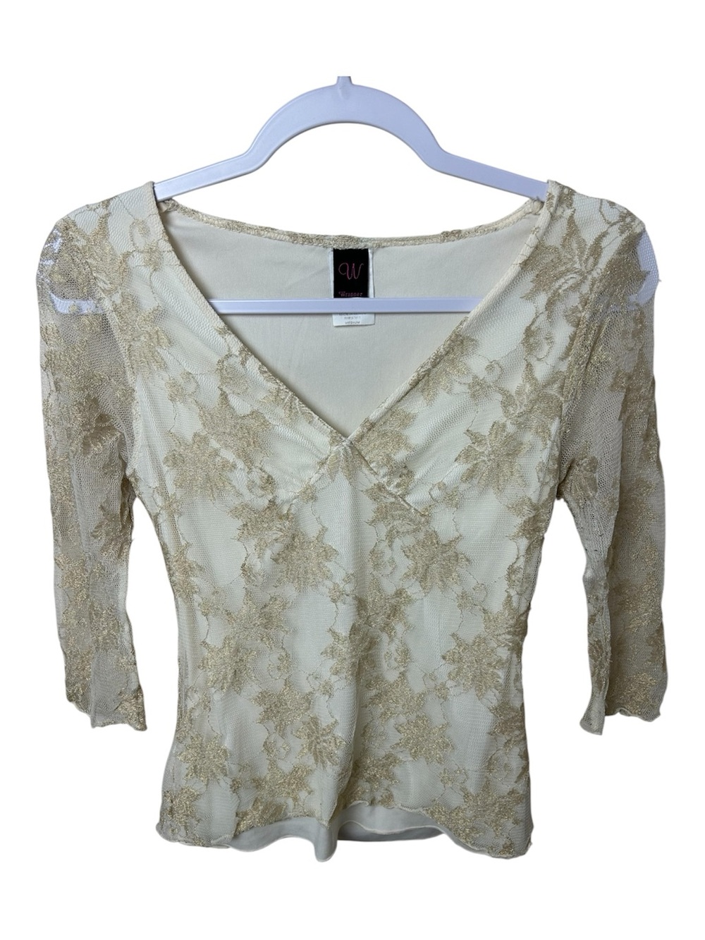 Wrapper Y2K Vintage Cream Lace V-Neck Blouse with Gold Floral Overlay Fairycore